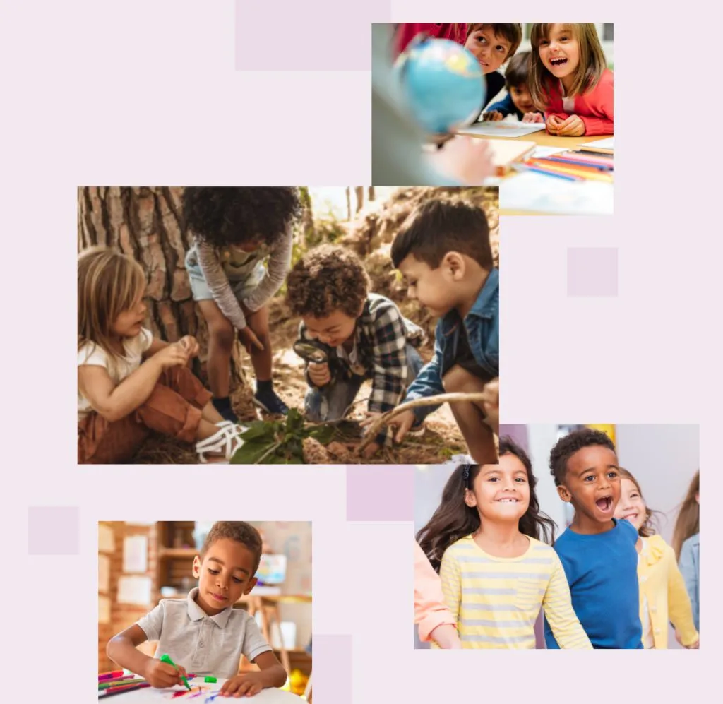 Multiple images of kindergarten children engaged in learning